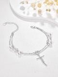 wholesale 925 Sterling Silver Metal Freshwater Pearl Faith Cross Bracelet for Women - Dainty Double Chain Christian-0-1