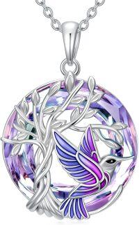 wholesale 925 Sterling Silver Hummingbird Crystal Tree of Life Pendant Necklace for Women Birthday Anniversary Christmas Gifts-Purple Hummingbird