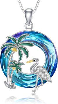 wholesale TOUPOP Tropical Plam Tree Necklace S925 Sterling Silver Crane Bird Pendant Necklace For Women With Blue Circle Crystal Jewelry Christmas Birthday Gifts -undefined