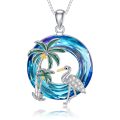 TOUPOP Sterling Silver Blue Crystal Tropical Palm Crane Bird Pendant Necklace-0-0