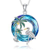 TOUPOP Sterling Silver Blue Crystal Tropical Palm Crane Bird Pendant Necklace-undefined