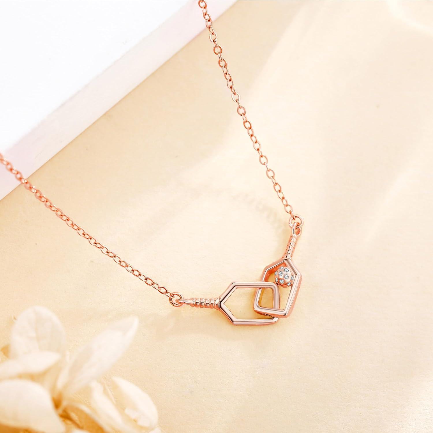 Rose Gold 925 Sterling Silver Pickleball Paddle & Ball Charm Necklace for Women-0-2