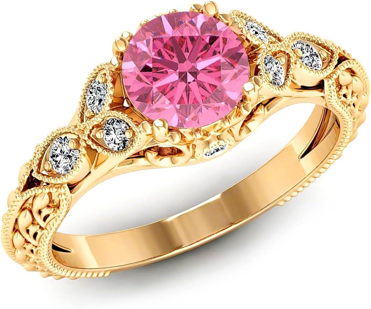 14K Gold Round Cut Gemstone Vintage Engagement Ring for Women 1ct-Pink Tourmaline-Moissanite-Created Alexandrite-Created Opal-Created Sapphire
