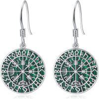 wholesale 925 Sterling Silver Viking Vegvisir Compass Rune Dangle Earrings for Men & Women - Norse Vintage Style Lucky Charm Jewelry Gift-Malachite