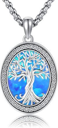 wholesale Sterling Silver Greek Key Tree of Life Pendant Necklace for Women Men-blue opal