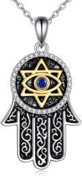 wholesale 925 Sterling Silver Evil Eye Hamsa Hand Pendant Necklace with Blue Stone and Cubic Zirconia-0-0