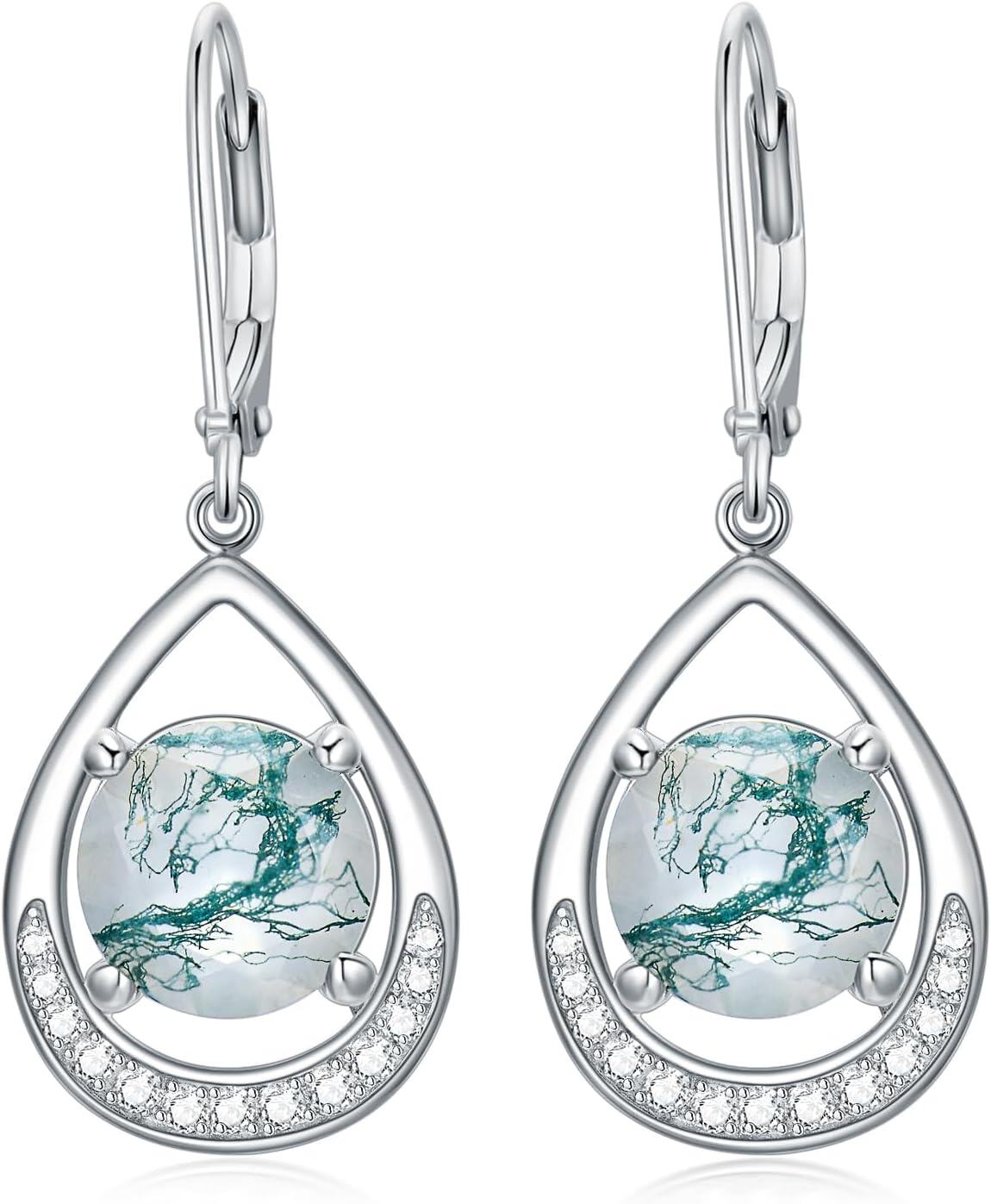Sterling Silver Moss Agate Dangle Earrings for Women-03-Moss agate leverbcak earrings
