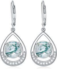 wholesale 925 Sterling Silver Teardrop Moss Agate Dangle Earrings with CZ Accents for Women Gift Ideas-style 11