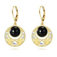 wholesale 925 Sterling Silver Black Moon And White Pearl Earrings With Golden Leaves Design-Black Onyx Pearl Earrings