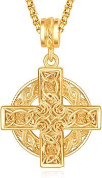 wholesale Gold 925 Sterling Silver Celtic Cross Pendant on Rolo Chain - Irish Knot Protection Jewelry for Men (24) -Celtic Cross-F (Gold)