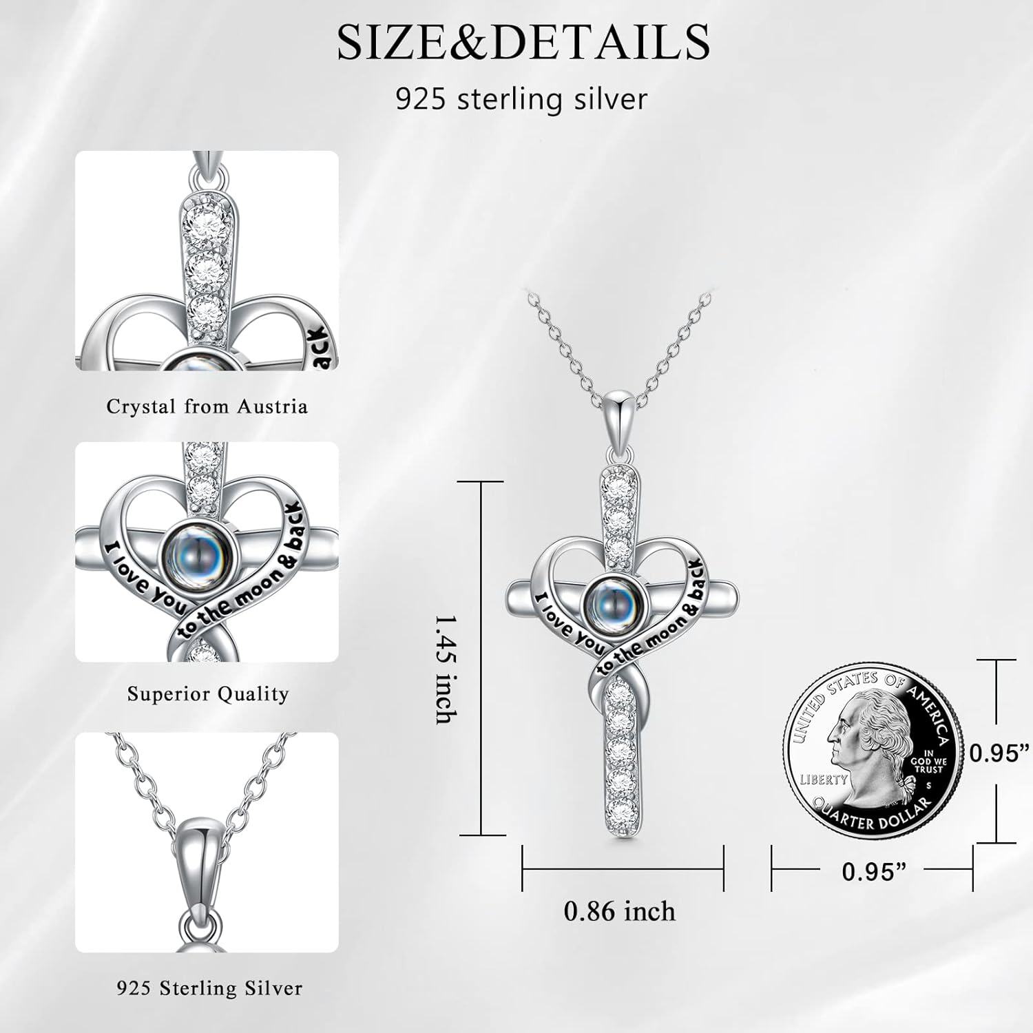 925 Sterling Silver 925 Crystal Heart Projection Cross Necklace with Custom Photo Engraving for Women and Girls-0-5