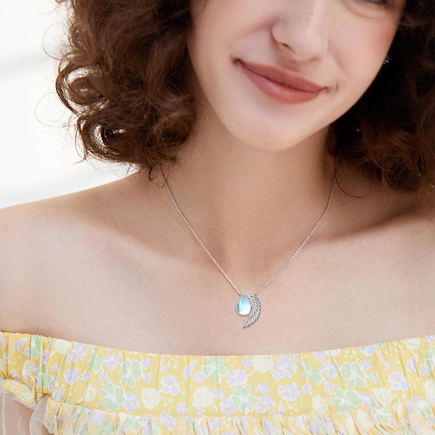 wholesale 925 Sterling Silver Angel Wing Teardrop Pendant Necklace with Blue Moonstone and Feather Design for Women Girls  48cm Chain Length-0-2