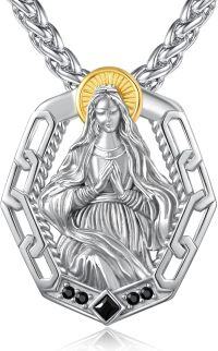 wholesale 925 Sterling Silver Virgin Mary Cross Pendant with Black Cubic Zirconia and Gold Halo - Religious Jewelry for Women & Men -E