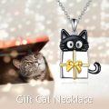 wholesale 925 Sterling Silver Cute Black Cat Gift Box Gold Bow Pendant Necklace-0-4