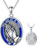wholesale 925 Sterling Silver Praying Hands Oval Necklace with Blue Enamel and Serenity Prayer Inscription - 24 Chain-0-0