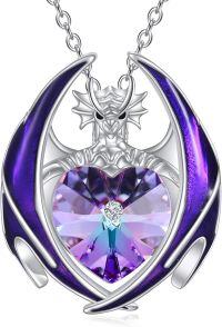 wholesale 925 Sterling Silver Crystal Dragon Necklace with Heart Birthstone Pendant-02-Feb