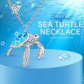 wholesale 925 Sterling Silver Blue Opal Sea Turtle Pendant Necklace with CZ Accents and Extender Chain (14+3)-0-5