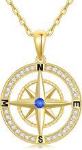 wholesale Gold 14K CZ Compass Pendant Necklace for Women with Blue Center Stone and Clear Stones on Chain-0-0