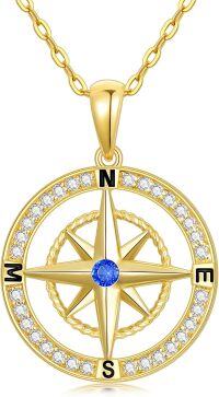 wholesale Gold 14K CZ Compass Pendant Necklace for Women with Blue Center Stone and Clear Stones on Chain-Style-2
