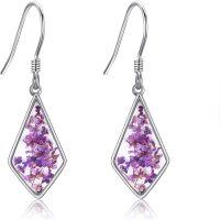 wholesale 925 Sterling Silver Purple Floral Cubic Zirconia-Shaped Drop Earrings-Pressed Flower