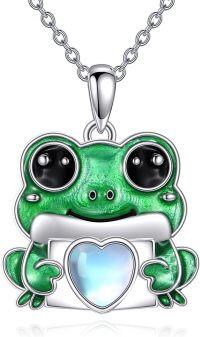 wholesale 925 Sterling Silver Green Enamel Heart Moonstone Frog Pendant Necklace for Women Gifts-Frog