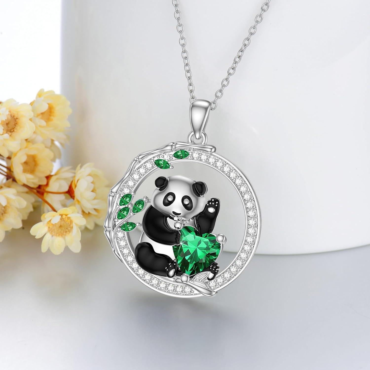 925 Sterling Silver Green Crystal Panda Love Heart Pendant Necklace for Women-0-4