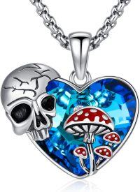 wholesale 925 Sterling Silver Heart-Shaped Pendant w/ Blue Crystal & Red Mushroom Design on 20 + Extender Chain-Skull and Mushroom