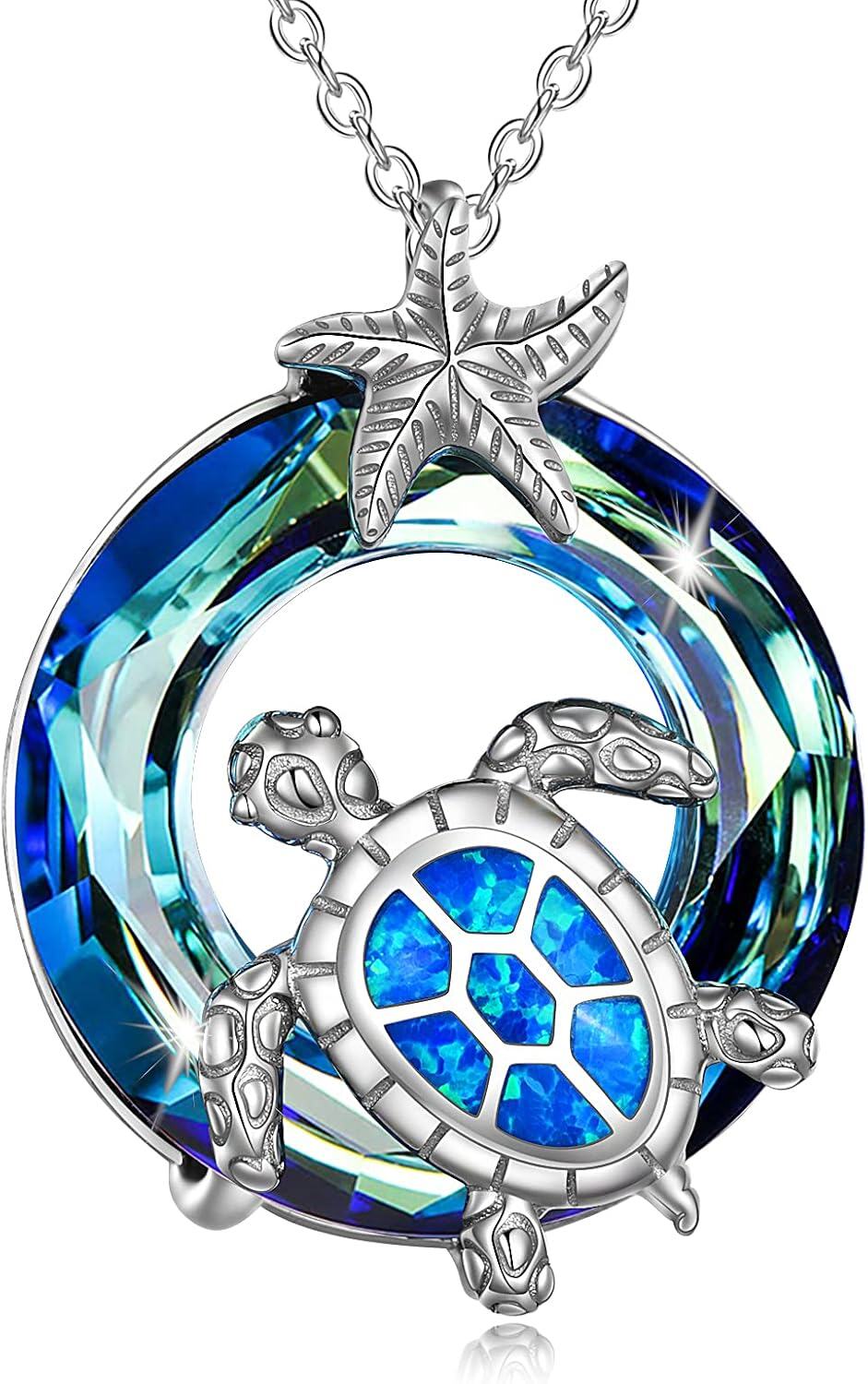 Sterling Silver Crystal Turtle Necklace for Women-Blue