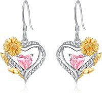 wholesale Sterling Silver Cubic Zirconia Sunflower Heart Dangle Hoop Earrings-10 Oct