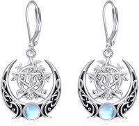 wholesale 925 Sterling Silver Moon & Star Trinity Knot Drop Earrings with Rainbow Moonstone for Women's s-Pentagram-A