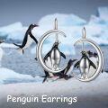 wholesale 925 Sterling Silver Penguin on Crescent Moon Leverback Dangle Drop Hoop Earrings for Women Birthdays Anniversaries and Christmas Gifts-0-5
