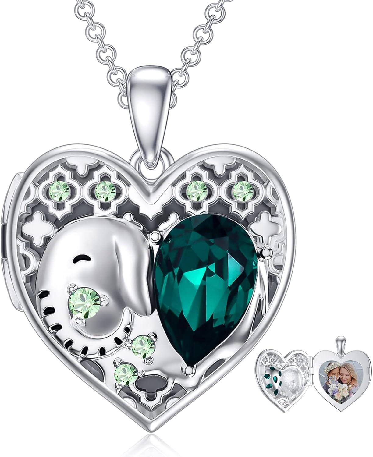 wholesale 925 Sterling Silver 925 Emerald Green Crystal Elephant Heart Photo Locket Pendant Necklace for Women and Girls-0-0