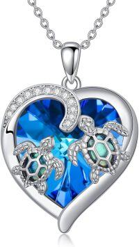 wholesale 925 Sterling Silver & Abalone Shell Sea Turtle Necklace with Blue Crystal Heart, 18+2 Rolo Chain-blue
