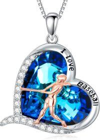 wholesale 925 Sterling Silver Blue Crystal Heart Baseball Player Pendant Necklace-Baseball Necklace
