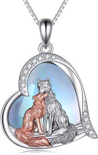 wholesale 925 Sterling Silver Heart Shaped Kitsune Fox Pendant Necklace with Mother of Pearl and Cubic Zirconia for Women Girls-Fox Necklace with moonstone