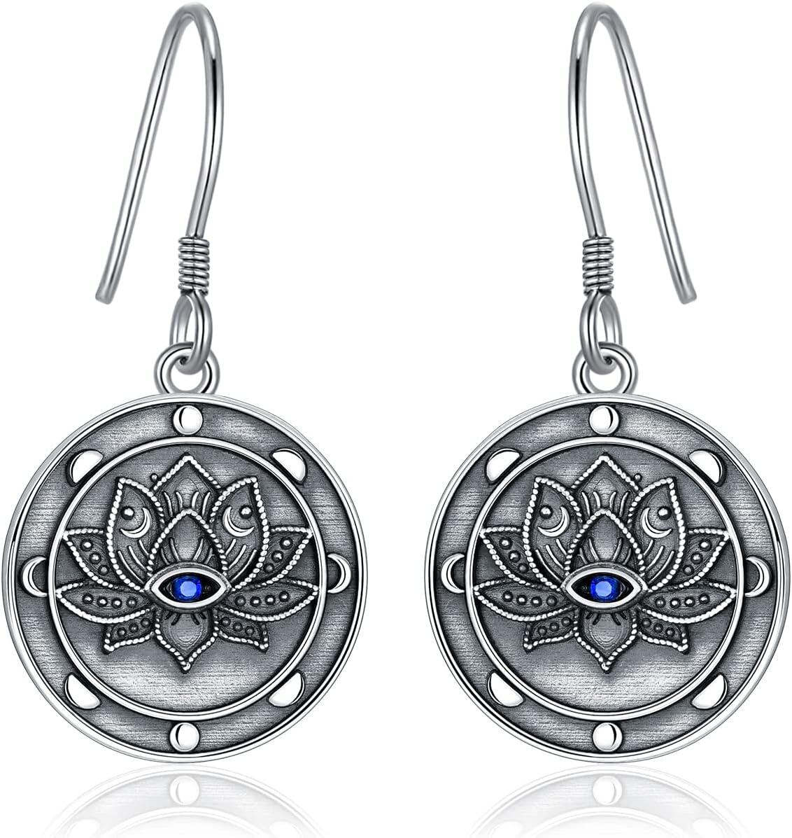 Sterling Silver Skull Stud Earrings with Lotus Hummingbird Squirrel Cow Gift for Women Men-Lotus Evil Eye