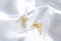 wholesale Gold 925 Sterling Silver Ribbon Pearl Stud Earrings with Cubic Zirconia and Crystal Accents-0-2
