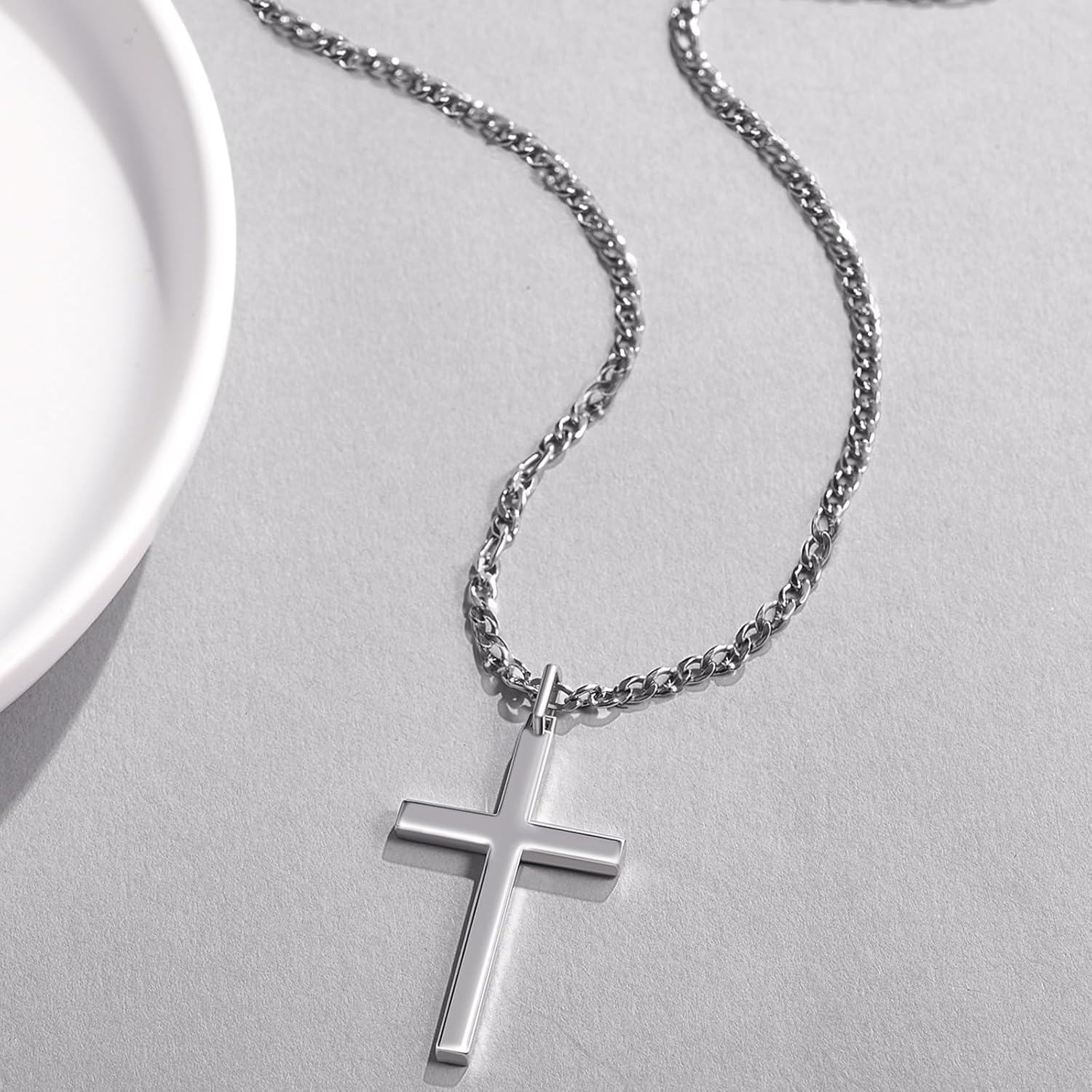 wholesale 925 Sterling Silver & Stainless Steel Mens Cross Pendant Necklaces for Men s - 24 Chain Length-0-2