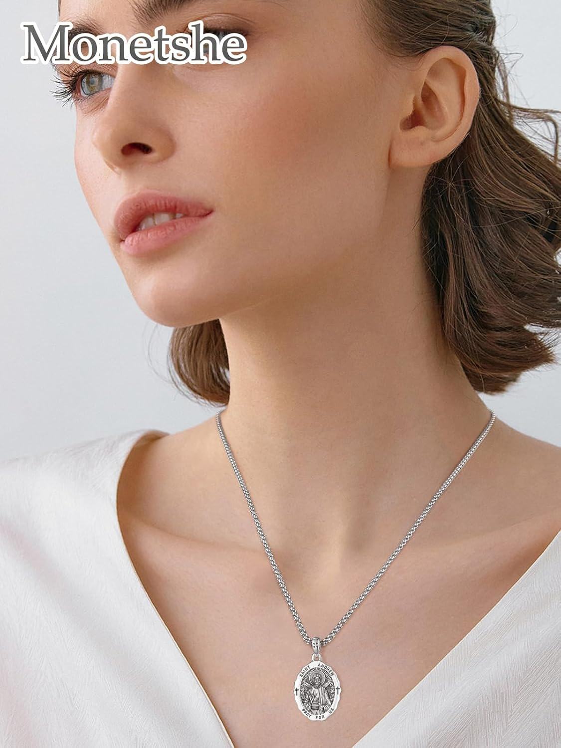Sterling Silver Catholic Pendant Necklaces w 2 0mm Chain Patron Saint Medals Pray for Us Christian Jewelry Gifts-0-2