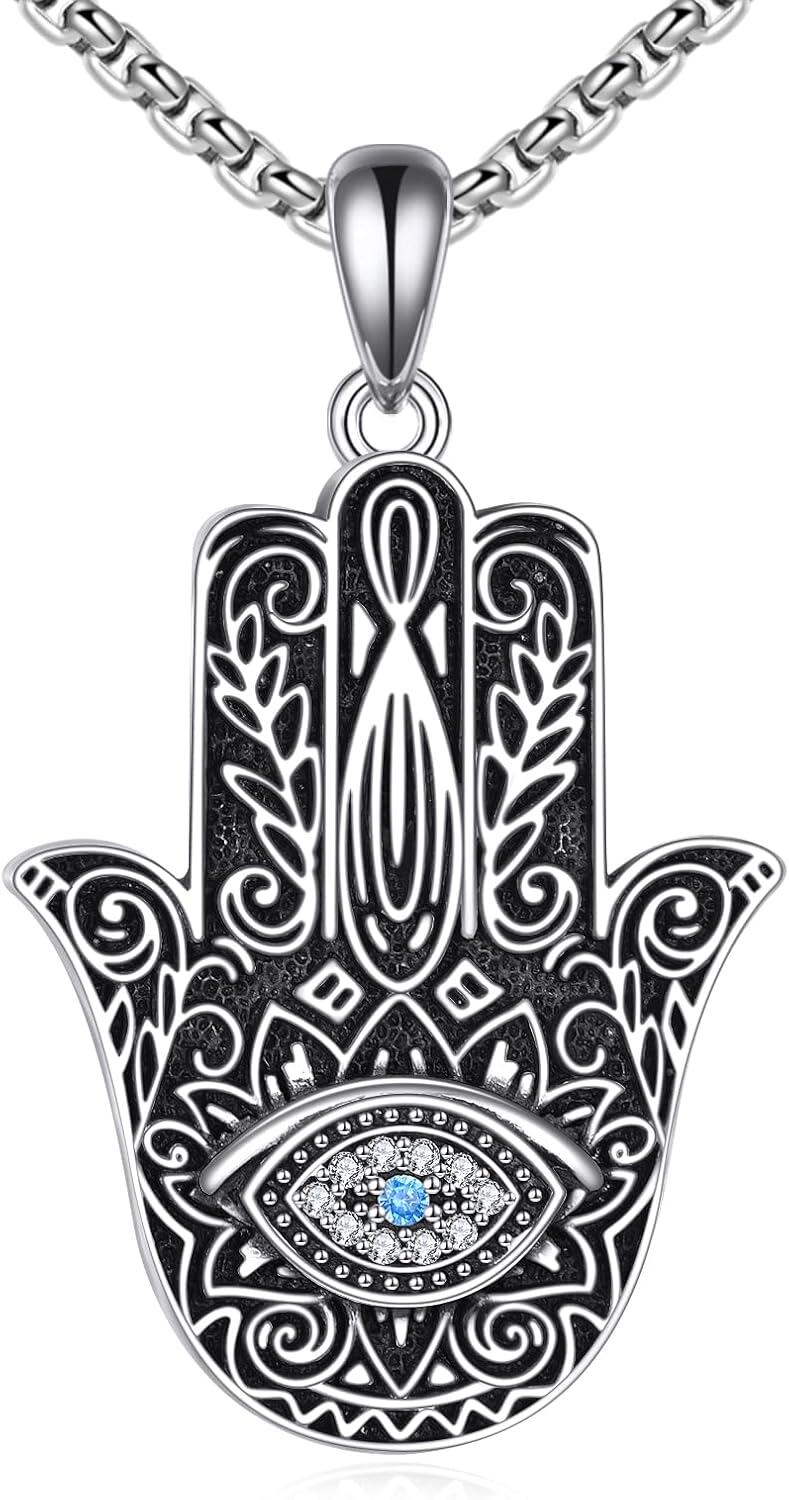 Sterling Silver Abalone Shell Hamsa Hand Necklace Filigree Lotus Gift-0-0