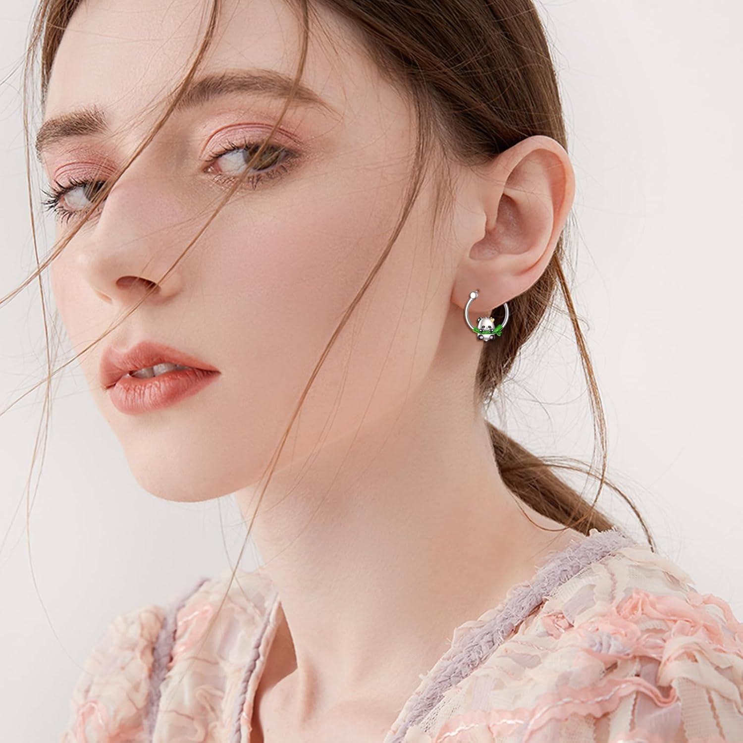 wholesale 925 Sterling Silver Cute Panda Bamboo Leaf Hoop Earrings Gift for Girls and Women-0-4