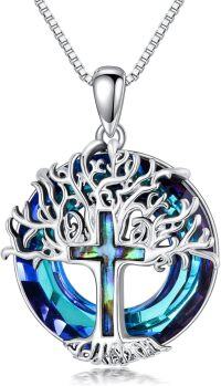 wholesale 925 Sterling Silver 925 Celtic Cross w/Blue Crystal Tree Of Life Pendant Necklaces Gifts For Her Him-Tree of Life Cross