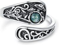 wholesale Sterling Silver Sun Moon Bee Celtic Tree Life Lotus Spoon Adjustable Open Ring Unisex Gift-Mushroom- Moss Agate-Mushroom- Moss Agate