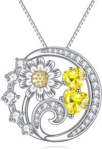 wholesale 925 Sterling Silver CZ Daisy & Yellow Heart Pendant Necklace for Women-daisy flower