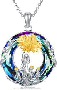 wholesale S925 Sterling Silver 14K Gold Plated Sunflower Mother Necklace with Blue Crystal for Mom Grandma Gift-Sunflower-Mother 3 Children