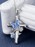 wholesale 925 Sterling Silver Blue Crystal Butterfly & Rose Cross Pendant Necklace Gift for Mom Wife Grandmother-0-2
