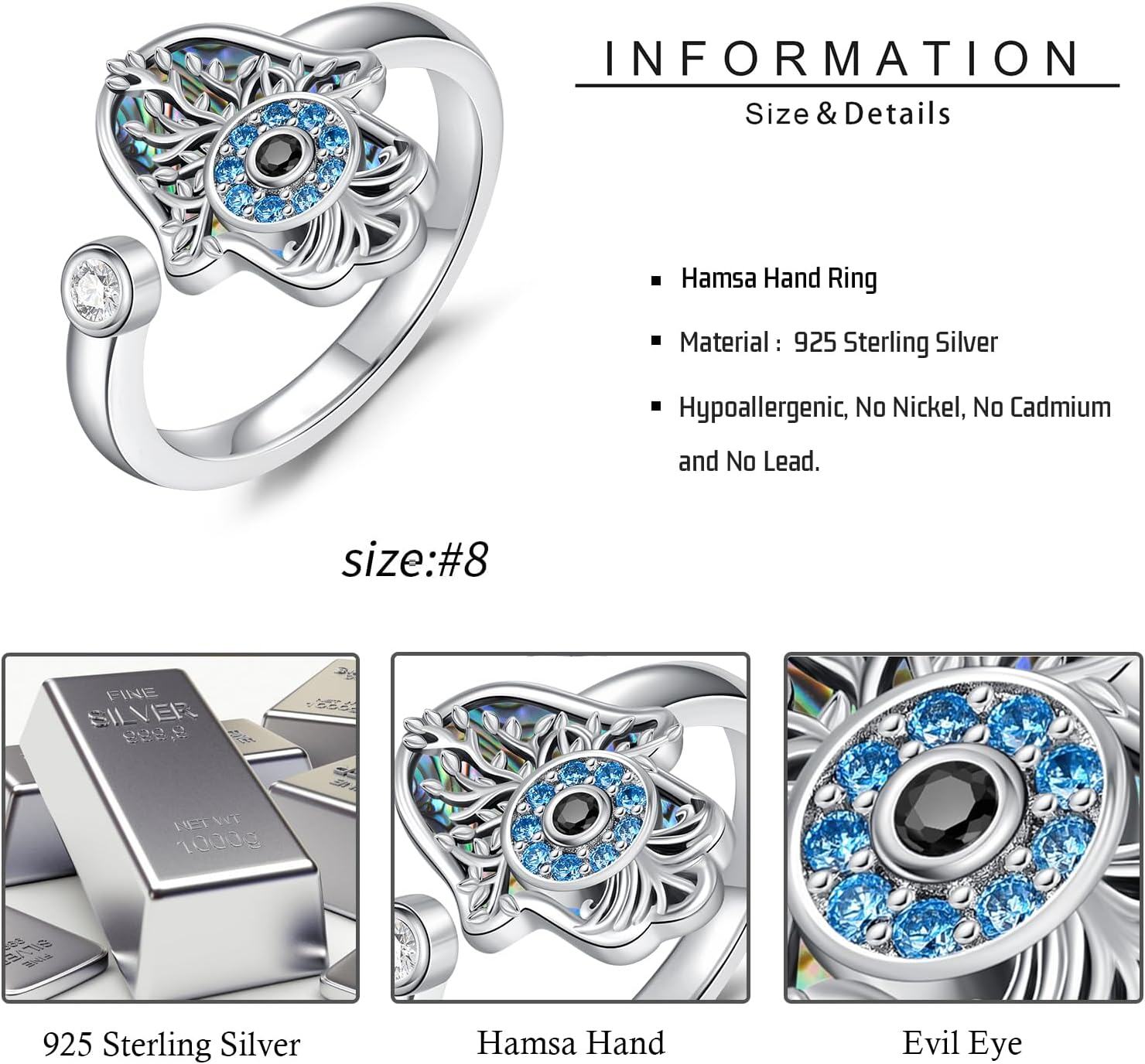 Sterling Silver Hamsa Evil Eye Chakra Adjustable Open Ring-0-3