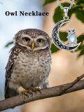 wholesale 925 Sterling Silver Owl on Crescent Moon Pendant Necklace with Blue Stone Accent-0-5