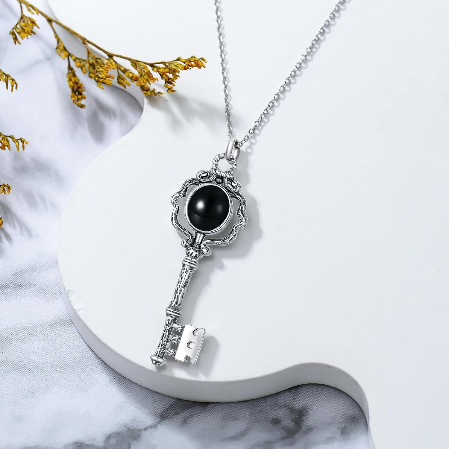 Sterling Silver Stone Retro Key Necklace for Women Exquisite Jewelry Gift-0-4