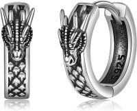 wholesale 925 Sterling Silver Dragon Head Design Huggie Earrings with Black Enamel Finish and Celtic Knot Pattern-O-Dragon Scale